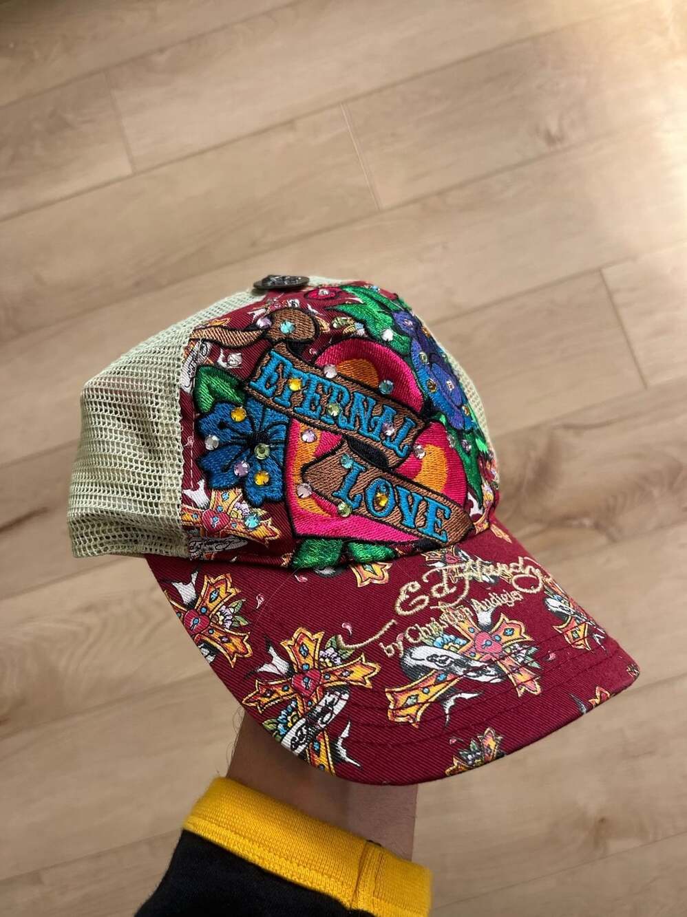 Ed Hardy Trucker Hat Rhinestone Eternal Love Red Green Mesh Snapback